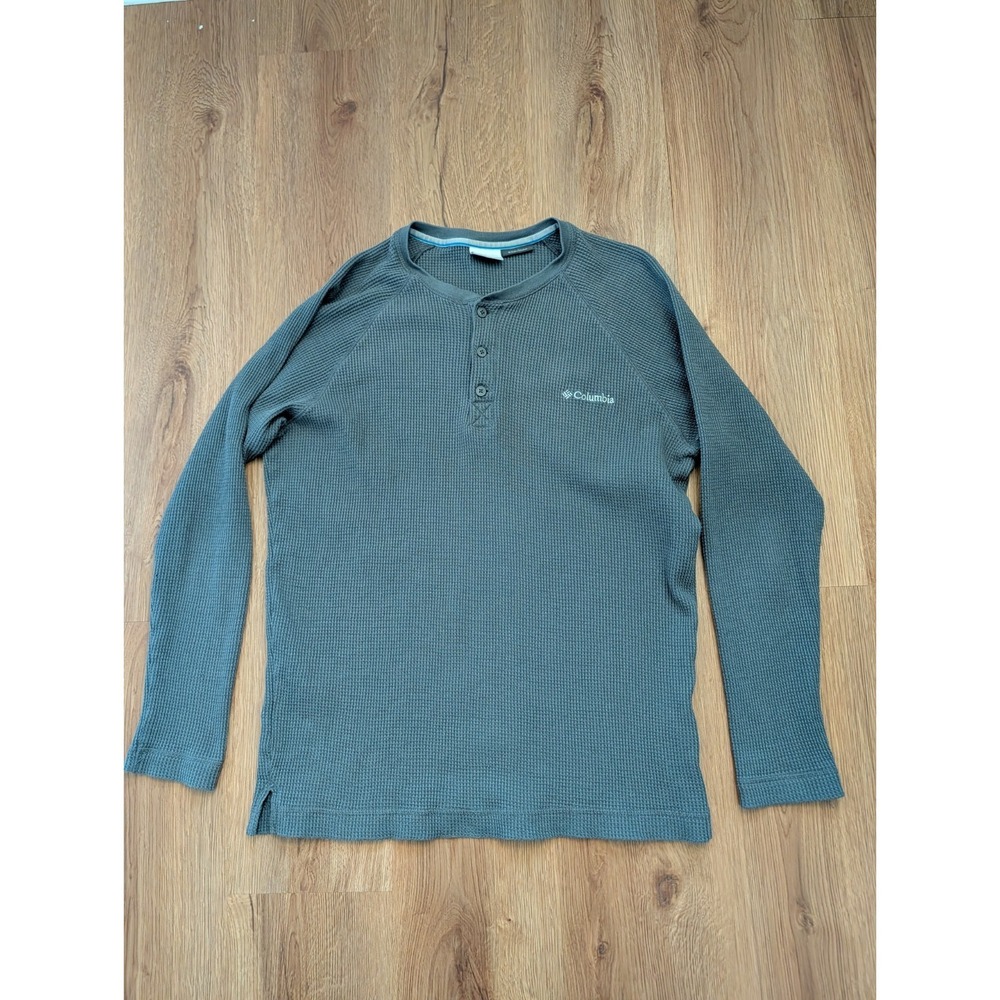Columbia Wikiup Waffle Knit Henley Thermal Mens Large Gray OmniWick Long Sleeve‎